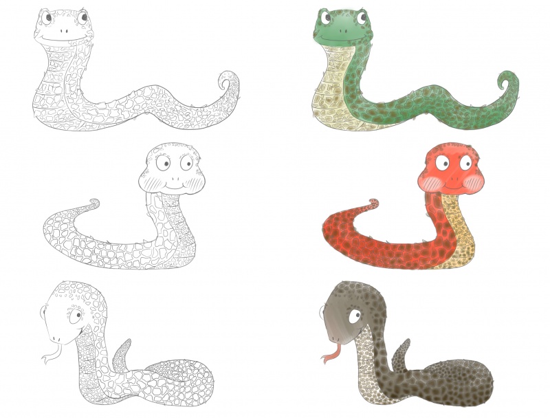 Adam the Snake - line sketches and colour ideas