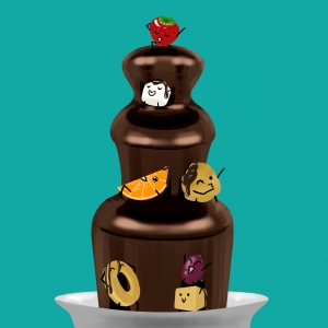 Chocolate fountain with cartoon fruit